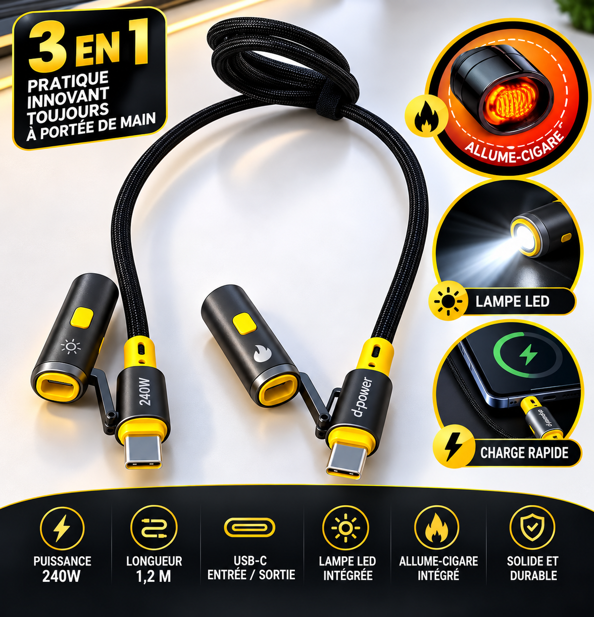 Câble 3-en-1 D-Power 240W – Charge rapide, Lampe LED et Allume-cigare