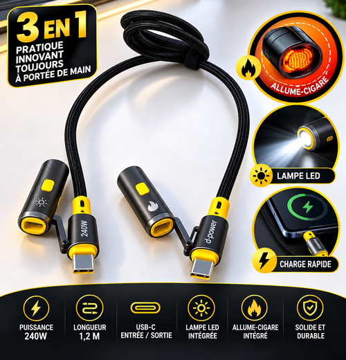 Câble 3-en-1 D-Power 240W – Charge rapide, Lampe LED et Allume-cigare