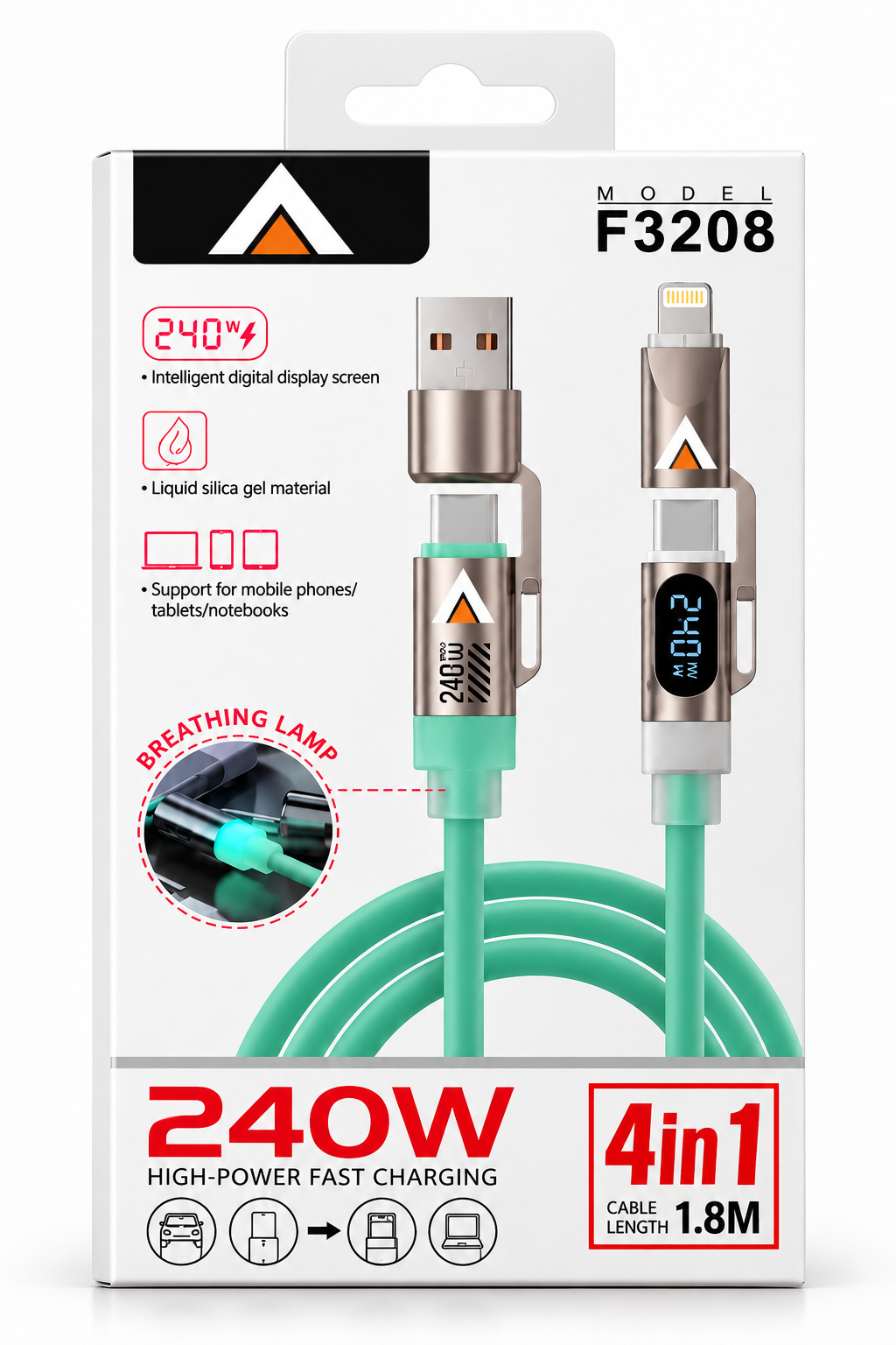 Câble D-Power F3208 4-en-1 – 1,8 m – Écran numérique