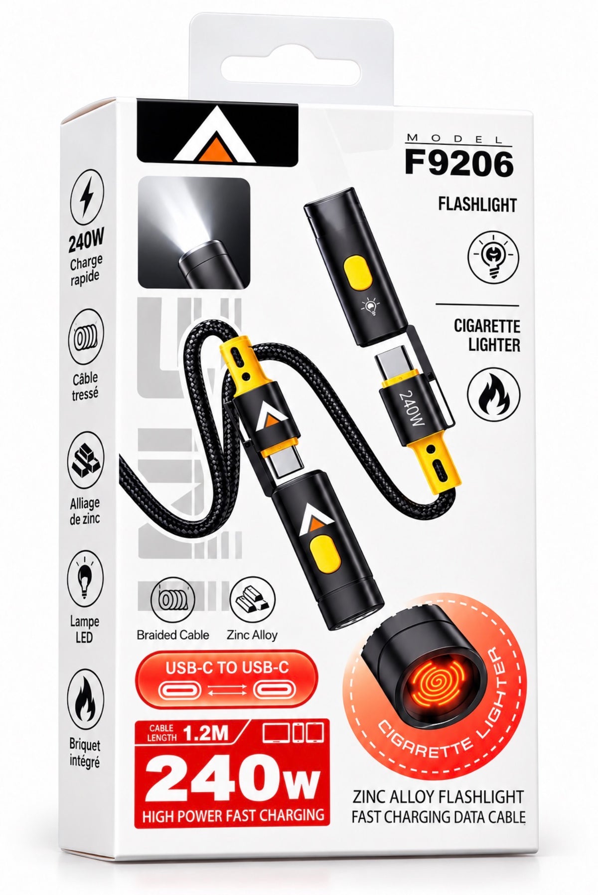 Câble 3-en-1 D-Power 240W – Charge rapide, Lampe LED et Allume-cigare